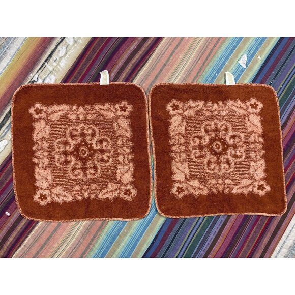 Vtg Tastemaker Orange Peach Sculpted Reversible Floral Hand Towel Washcloths - Picture 9 of 10